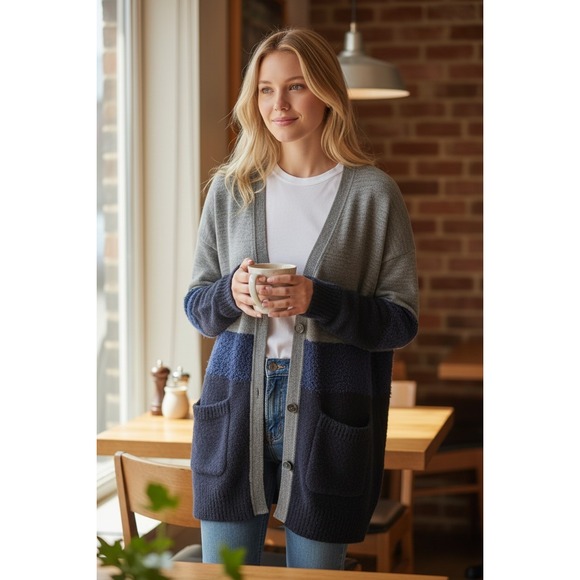 Tibi Sweaters - TIBI Cardigan Grandpa Sweater Womens Small Gray Blue Knit Pockets Button Front